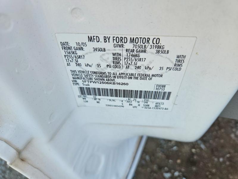 2006 Ford F150 მანქანა იყიდება აუქციონზე, vin: 1FTPW12506KB16260, აუქციონის ნომერი: 62038606
