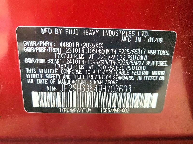 62511126 :رقم المزاد ، JF2SH63649H702603 vin ، 2009 Subaru Forester مزاد بيع