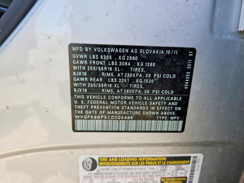 Продажа на аукционе авто 2012 Volkswagen Touareg, vin: WVGFK9BPXCD004486, номер лота: 62801986