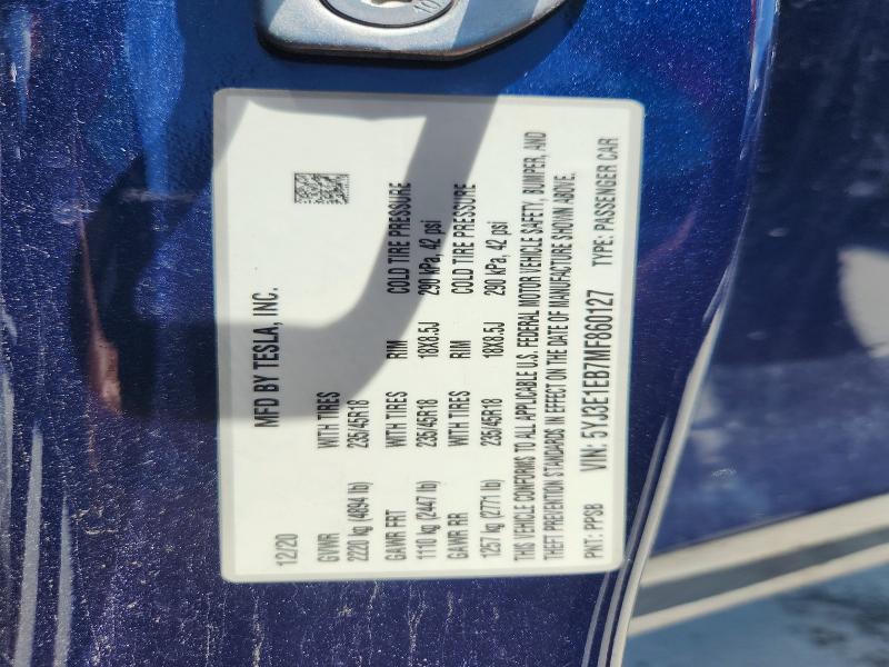 Продаж на аукціоні авто 2021 Tesla Model 3, vin: 5YJ3E1EB7MF860127, номер лоту: 58600356