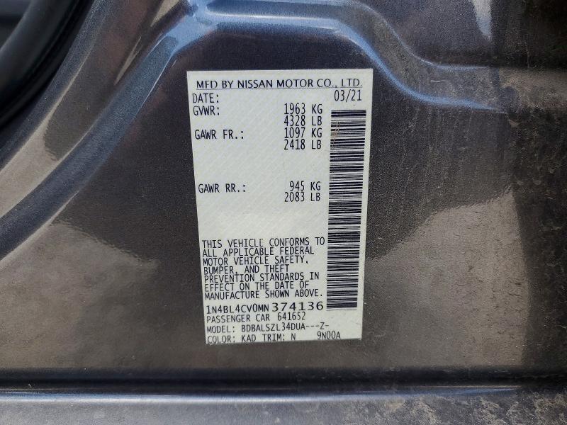 Aukcja sprzedaży 2021 Nissan Altima, vin: 1N4BL4CV0MN374136, numer aukcji: 62752996