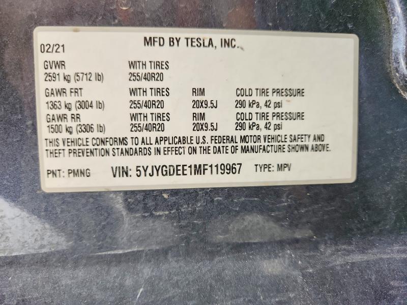 Aukcja sprzedaży 2021 Tesla Model Y, vin: 5YJYGDEE1MF119967, numer aukcji: 62571916