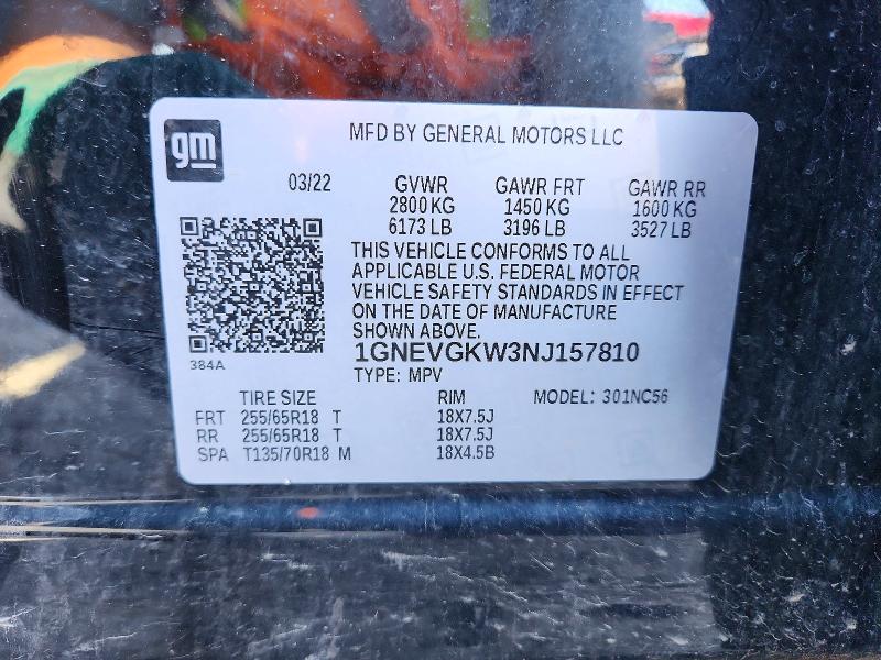 2022 Chevrolet Traverse მანქანა იყიდება აუქციონზე, vin: 1GNEVGKW3NJ157810, აუქციონის ნომერი: 59826136