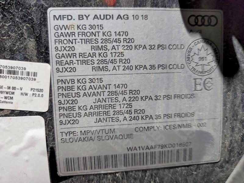 58157586 :رقم المزاد ، WA1VAAF79KD016507 vin ، 2019 Audi Q7 مزاد بيع
