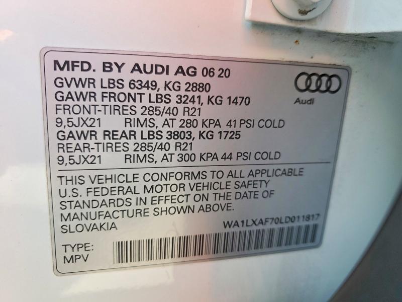 2020 Audi Q7 მანქანა იყიდება აუქციონზე, vin: WA1LXAF70LD011817, აუქციონის ნომერი: 62526216