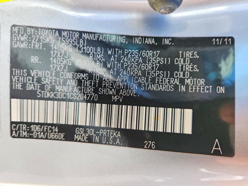 Продажа на аукционе авто 2012 Toyota Sienna, vin: 5TDKK3DC1CS204770, номер лота: 61625436