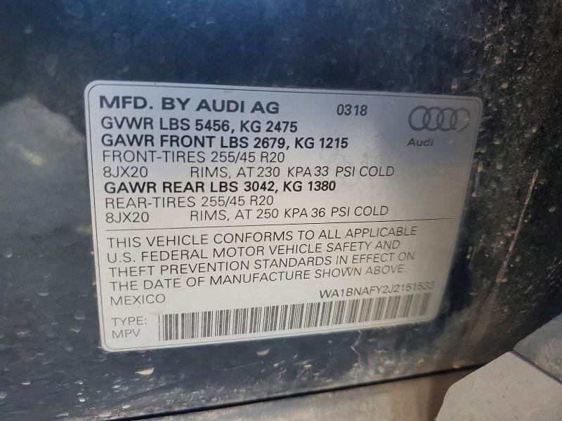 60943836 :رقم المزاد ، WA1BNAFY2J2151533 vin ، 2018 Audi Q5 مزاد بيع