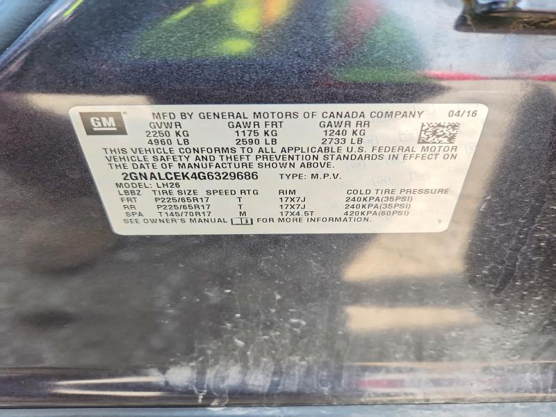 2016 Chevrolet Equinox მანქანა იყიდება აუქციონზე, vin: 2GNALCEK4G6329686, აუქციონის ნომერი: 60462376