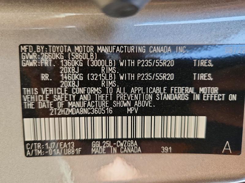 58743516 :رقم المزاد ، 2T2HZMDA8NC360516 vin ، 2022 Lexus Rx مزاد بيع