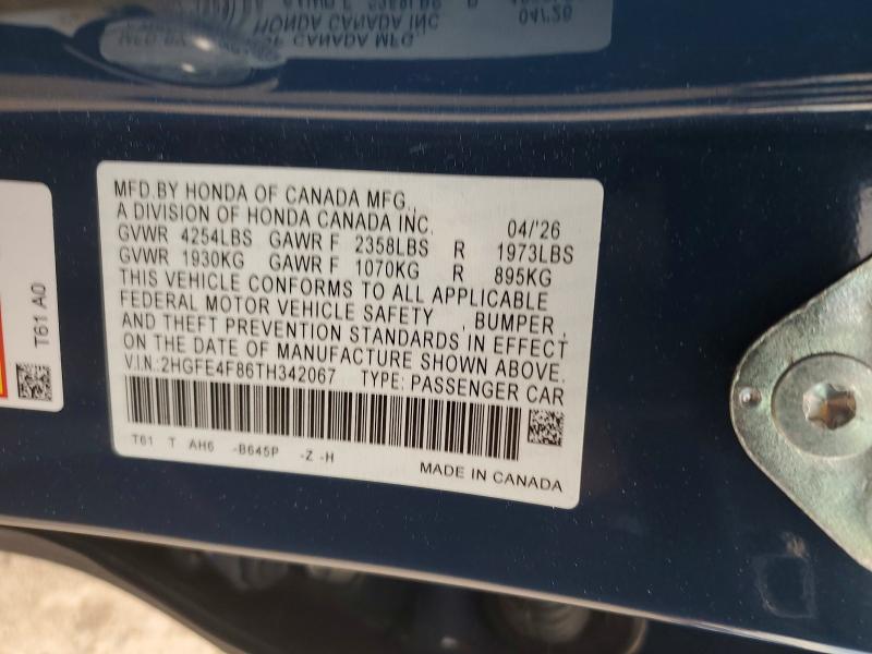 Продаж на аукціоні авто 2026 Honda Civic, vin: 2HGFE4F86TH342067, номер лоту: 59015706