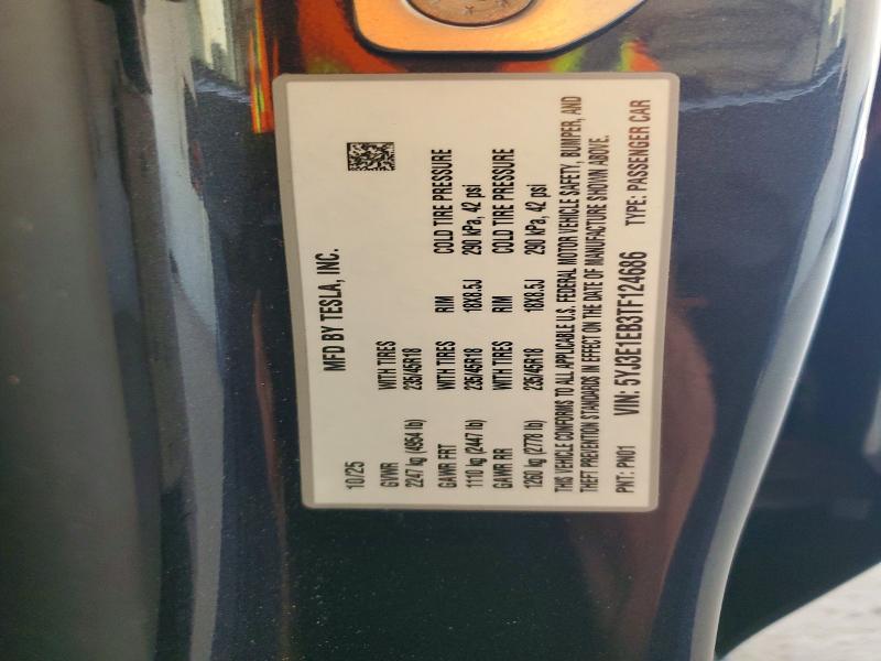 Aukcja sprzedaży 2026 Tesla Model 3, vin: 5YJ3E1EB3TF124686, numer aukcji: 60939006