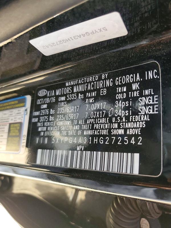 60257956 :رقم المزاد ، 5XYPG4A31HG272542 vin ، 2017 Kia Sorento مزاد بيع