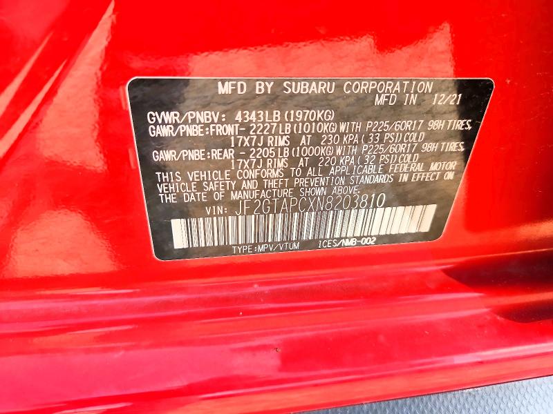 59714806 :رقم المزاد ، JF2GTAPCXN8203810 vin ، 2022 Subaru Crosstrek مزاد بيع