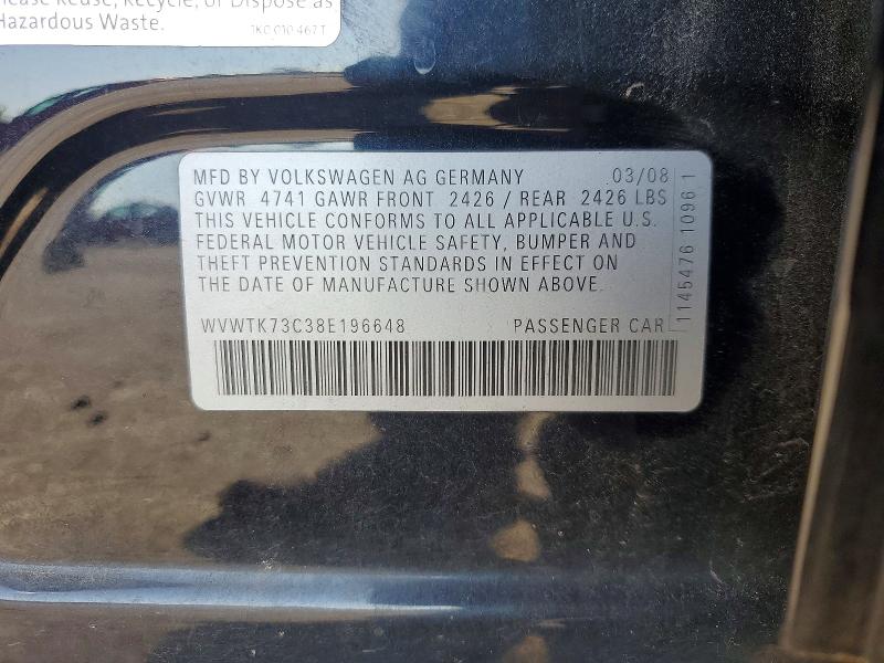 Aukcja sprzedaży 2008 Volkswagen Passat, vin: WVWTK73C38E196648, numer aukcji: 61138866