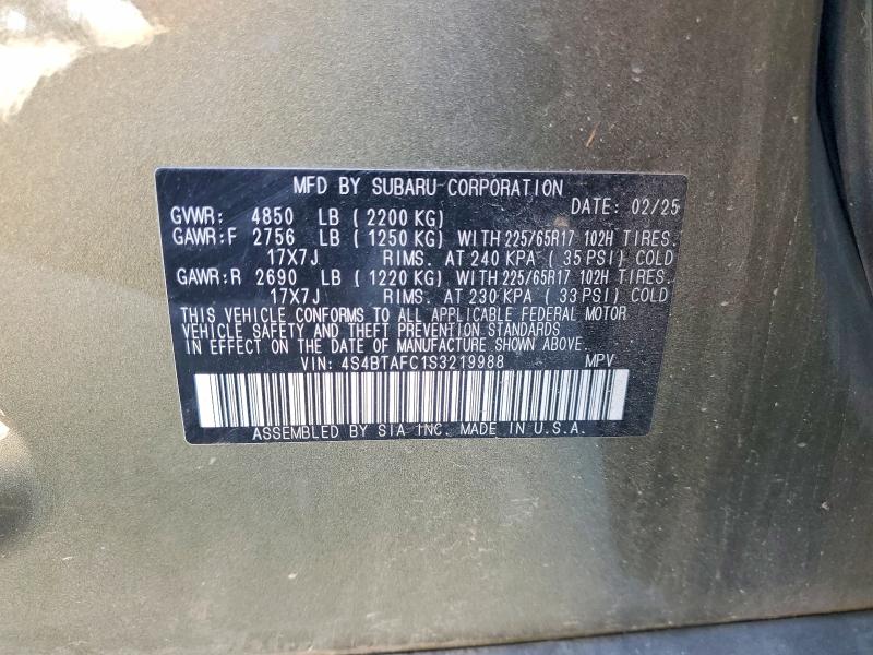 2025 Subaru Outback მანქანა იყიდება აუქციონზე, vin: 4S4BTAFC1S3219988, აუქციონის ნომერი: 61581046