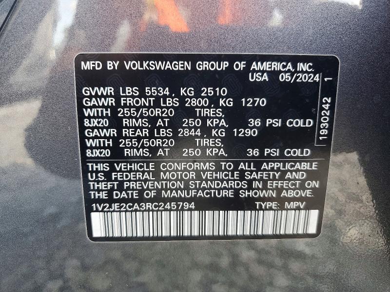 Продажа на аукционе авто 2024 Volkswagen Atlas Cross Sport, vin: 1V2JE2CA3RC245794, номер лота: 61082556