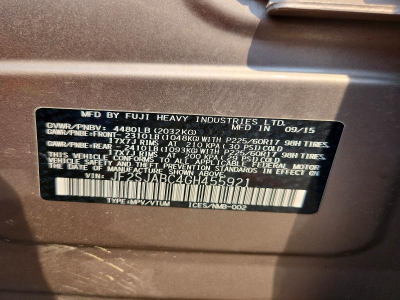 2016 Subaru Forester მანქანა იყიდება აუქციონზე, vin: JF2SJABC4GH455921, აუქციონის ნომერი: 59966626
