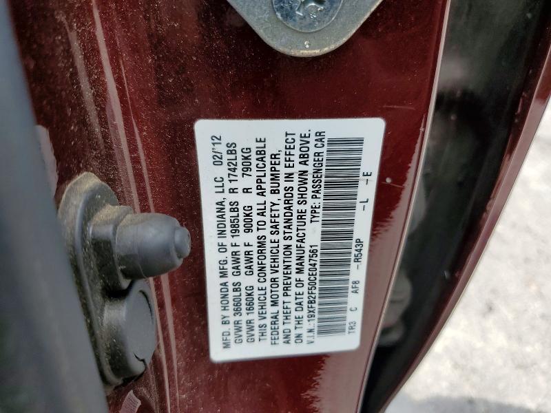 Aukcja sprzedaży 2012 Honda Civic, vin: 19XFB2F50CE047561, numer aukcji: 61998486