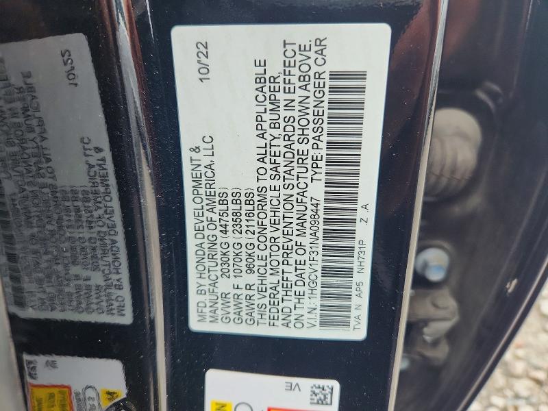 61636096 :رقم المزاد ، 1HGCV1F31NA098447 vin ، 2022 Honda Accord مزاد بيع
