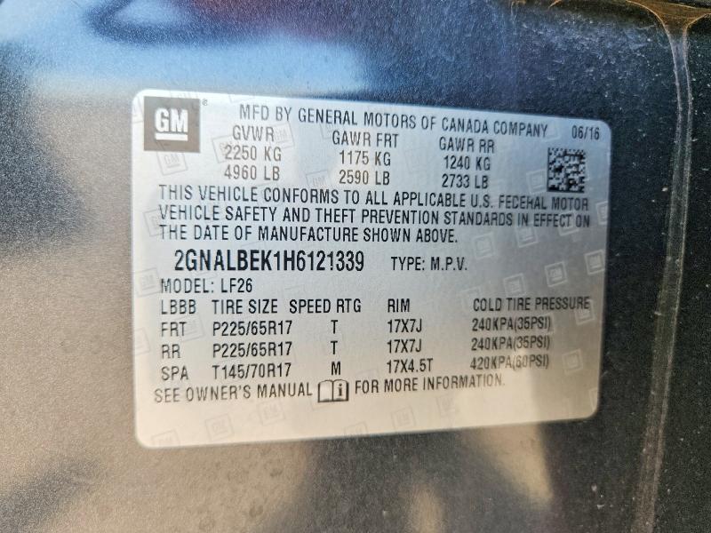 60043506 :رقم المزاد ، 2GNALBEK1H6121339 vin ، 2017 Chevrolet Equinox مزاد بيع