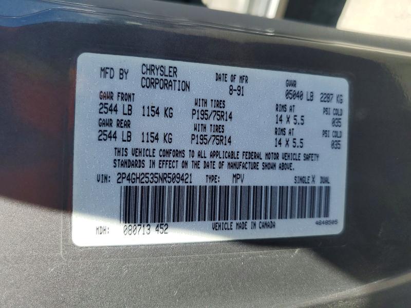 60978016 :رقم المزاد ، 2P4GH2535NR509421 vin ، 1992 Plymouth Voyager مزاد بيع