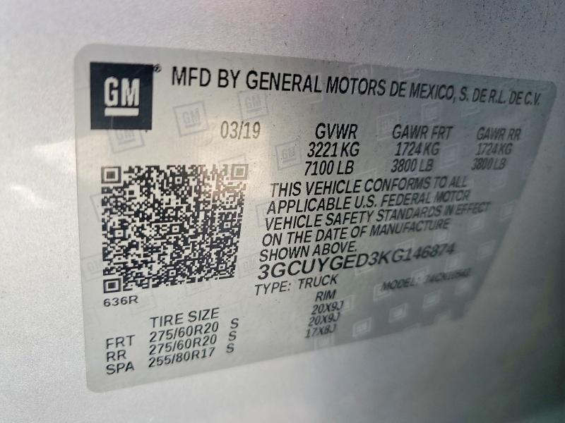 Продаж на аукціоні авто 2019 Chevrolet Silverado, vin: 3GCUYGED3KG146874, номер лоту: 61995296
