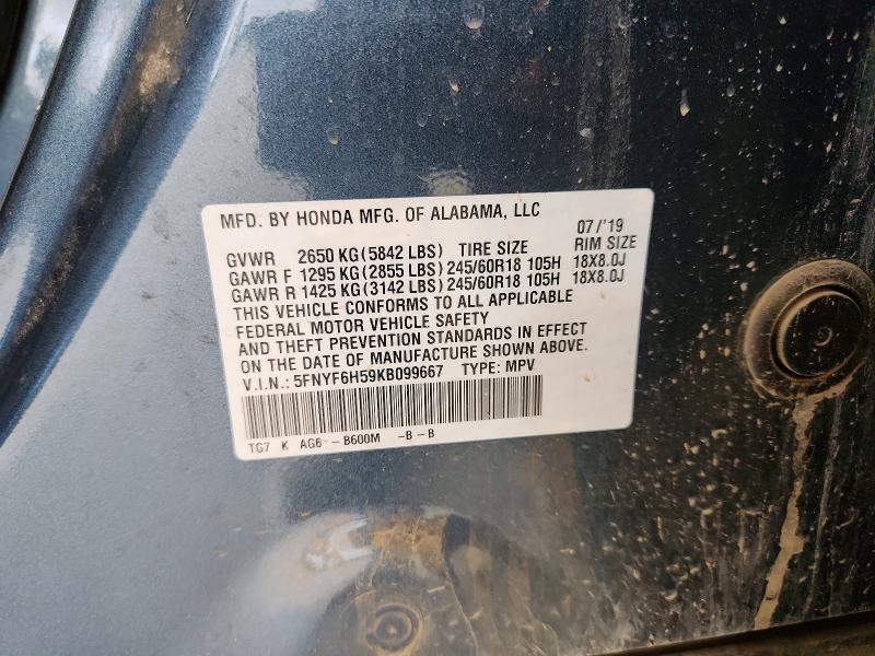 60171926 :رقم المزاد ، 5FNYF6H59KB099667 vin ، 2019 Honda Pilot مزاد بيع
