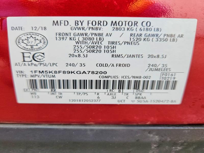 61234066 :رقم المزاد ، 1FM5K8F89KGA78200 vin ، 2019 Ford Explorer مزاد بيع