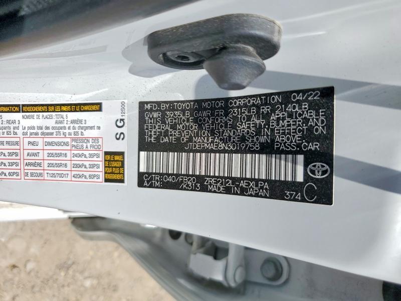 62756036 :رقم المزاد ، JTDEPMAE8N3019758 vin ، 2022 Toyota Corolla مزاد بيع