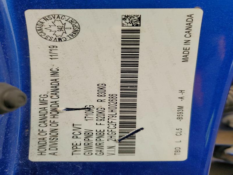 2020 Honda Civic მანქანა იყიდება აუქციონზე, vin: 2HGFC2F79LH002686, აუქციონის ნომერი: 60668146