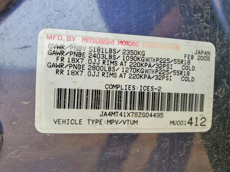 2008 Mitsubishi Outlander მანქანა იყიდება აუქციონზე, vin: JA4MT41X78Z604495, აუქციონის ნომერი: 61856766