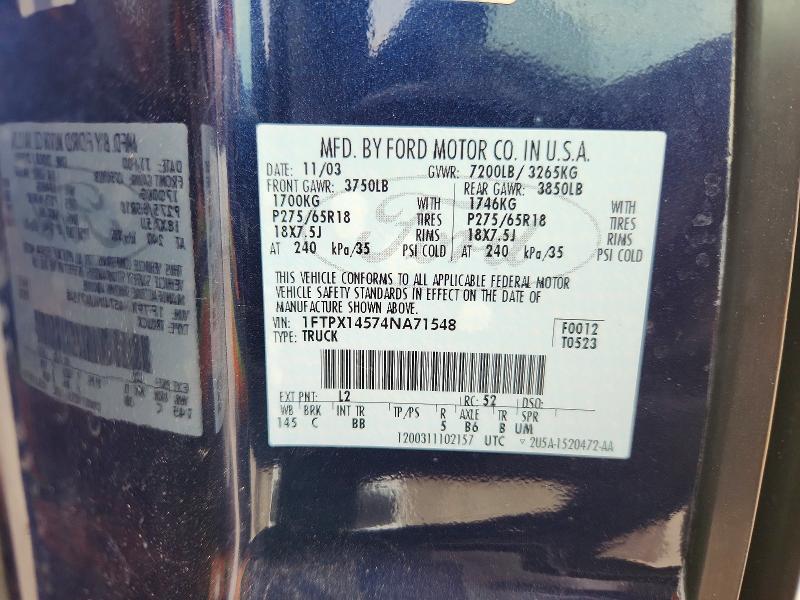 2004 Ford F150 მანქანა იყიდება აუქციონზე, vin: 1FTPX14574NA71548, აუქციონის ნომერი: 62761826
