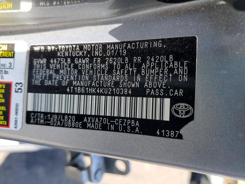 Aukcja sprzedaży 2019 Toyota Camry, vin: 4T1B61HK4KU210384, numer aukcji: 62512766
