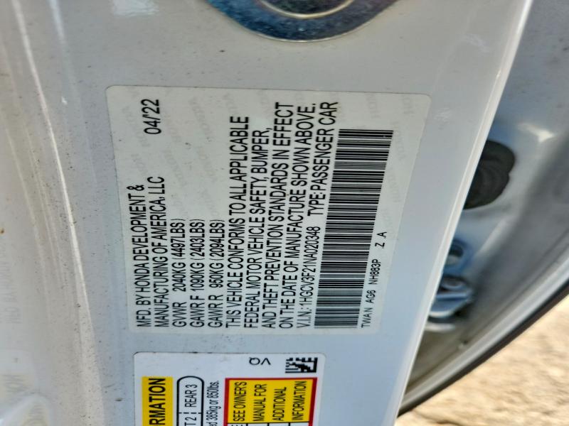 Продаж на аукціоні авто 2022 Honda Accord, vin: 1HGCV3F21NA020348, номер лоту: 59241346