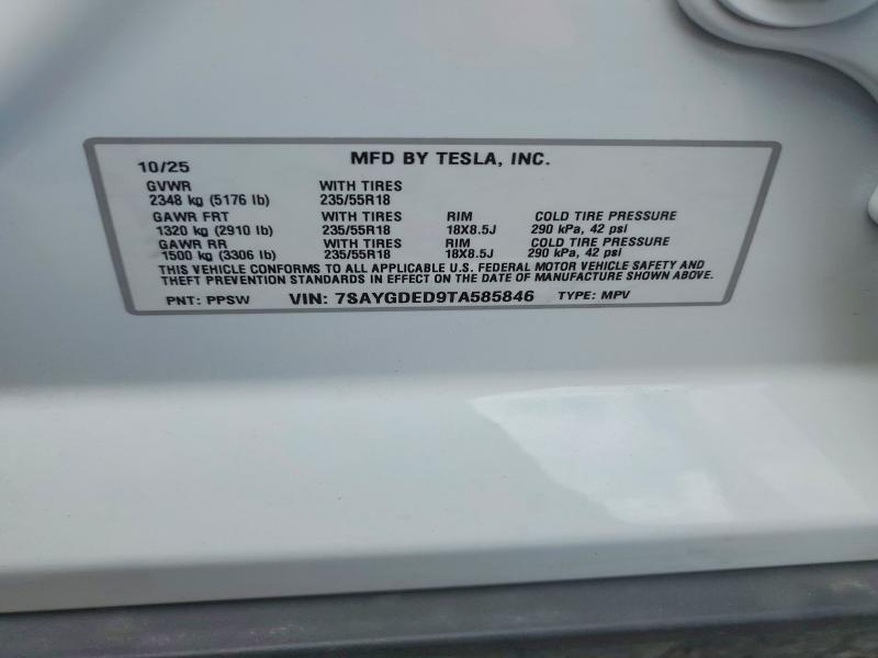 60157776 :رقم المزاد ، 7SAYGDED9TA585846 vin ، 2026 Tesla Mdl Y مزاد بيع