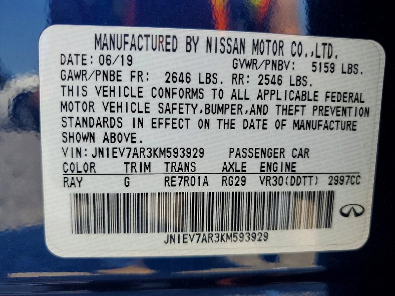 62300266 :رقم المزاد ، JN1EV7AR3KM593929 vin ، 2019 Infiniti Q50 مزاد بيع