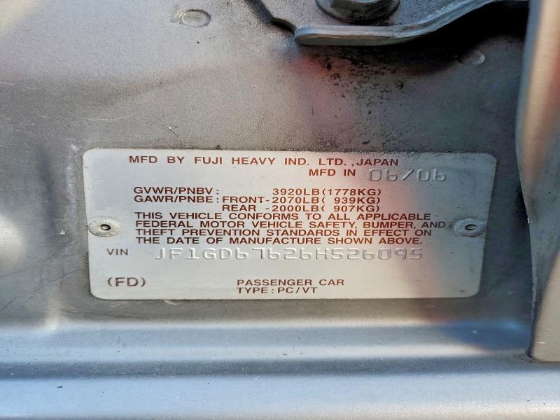 Aukcja sprzedaży 2006 Subaru Impreza, vin: JF1GD67626H526095, numer aukcji: 59307806