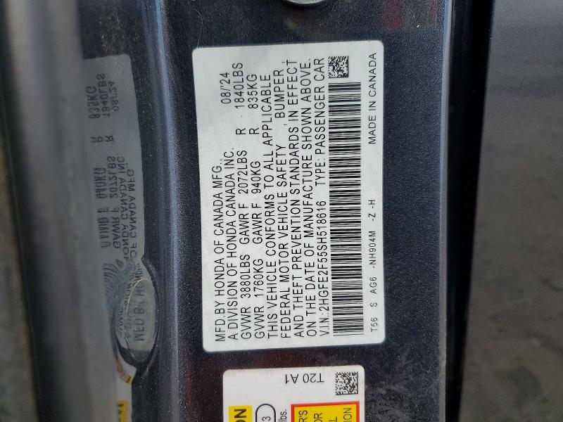 Продаж на аукціоні авто 2025 Honda Civic, vin: 2HGFE2F55SH518616, номер лоту: 61974606