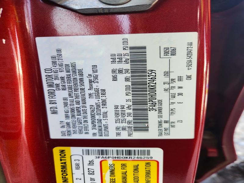 Продаж на аукціоні авто 2019 Ford Fusion, vin: 3FA6P0HD0KR246259, номер лоту: 61588866