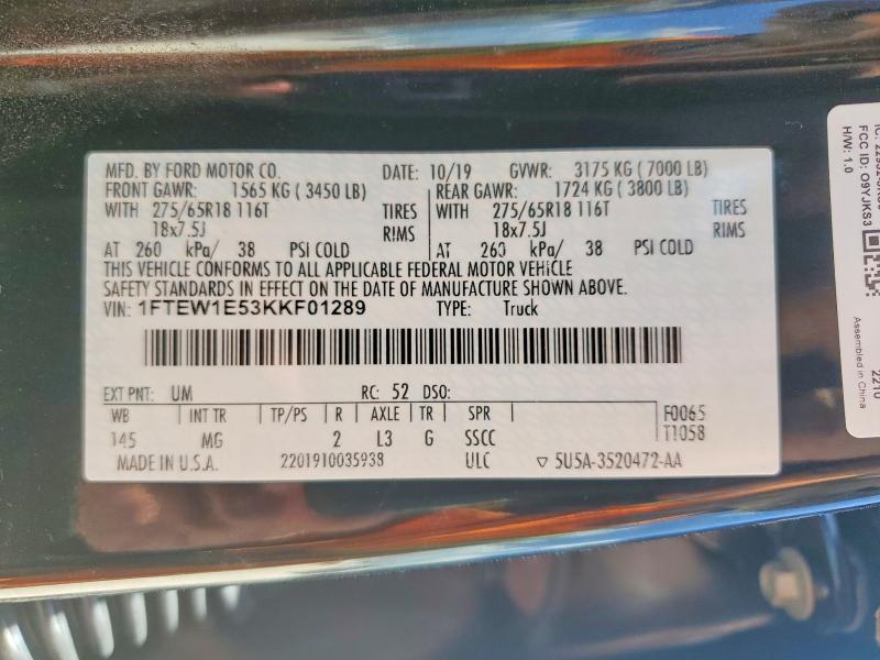 2019 Ford F150 მანქანა იყიდება აუქციონზე, vin: 1FTEW1E53KKF01289, აუქციონის ნომერი: 59838976