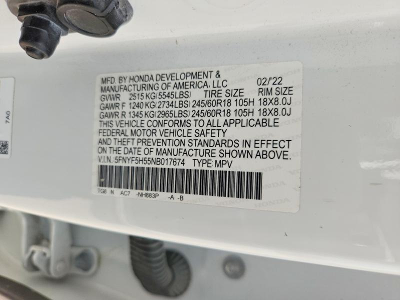59171946 :رقم المزاد ، 5FNYF5H55NB017674 vin ، 2022 Honda Pilot مزاد بيع