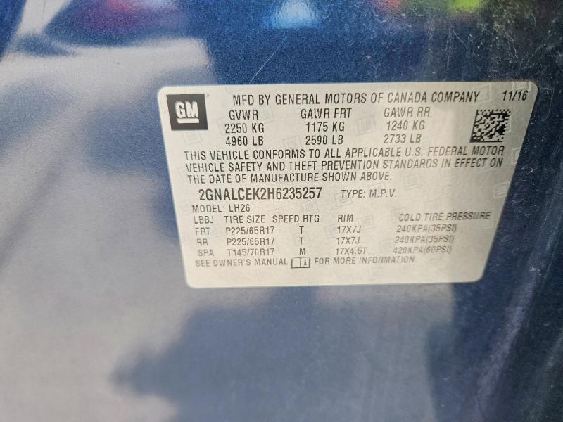 60063406 :رقم المزاد ، 2GNALCEK2H6235257 vin ، 2017 Chevrolet Equinox مزاد بيع