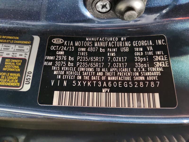 2014 Kia Sorento მანქანა იყიდება აუქციონზე, vin: 5XYKT3A60EG528787, აუქციონის ნომერი: 61740726