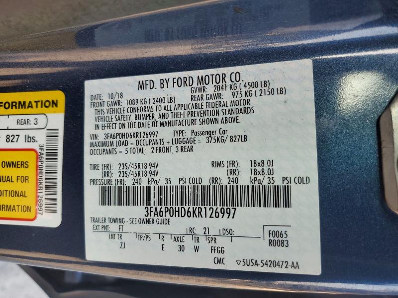 2019 Ford Fusion მანქანა იყიდება აუქციონზე, vin: 3FA6P0HD6KR126997, აუქციონის ნომერი: 85974685