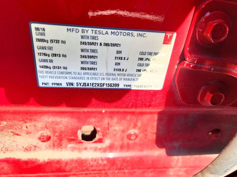 Продаж на аукціоні авто 2016 Tesla Model S, vin: 5YJSA1E2XGF156399, номер лоту: 59873396