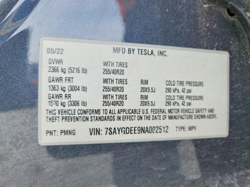 Aukcja sprzedaży 2022 Tesla Model Y, vin: 7SAYGDEE9NA002512, numer aukcji: 60503446
