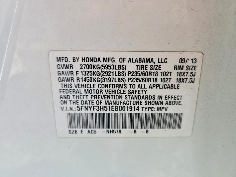 2014 Honda Pilot მანქანა იყიდება აუქციონზე, vin: 5FNYF3H51EB001914, აუქციონის ნომერი: 61059066
