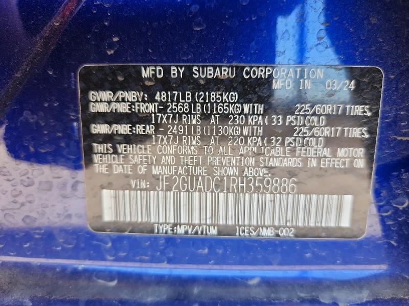 2024 Subaru Crosstrek მანქანა იყიდება აუქციონზე, vin: JF2GUADC1RH359886, აუქციონის ნომერი: 60226106