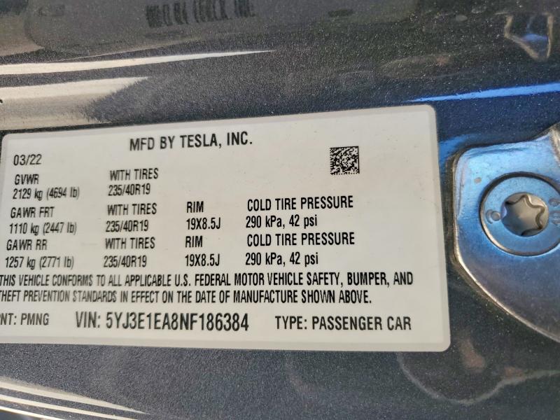 Aukcja sprzedaży 2022 Tesla Model 3, vin: 5YJ3E1EA8NF186384, numer aukcji: 62700086