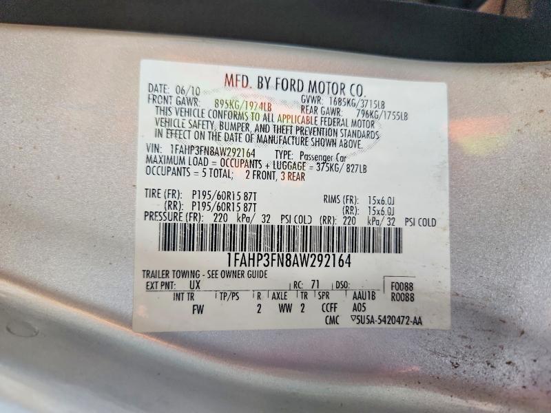 61485796 :رقم المزاد ، 1FAHP3FN8AW292164 vin ، 2010 Ford Focus مزاد بيع